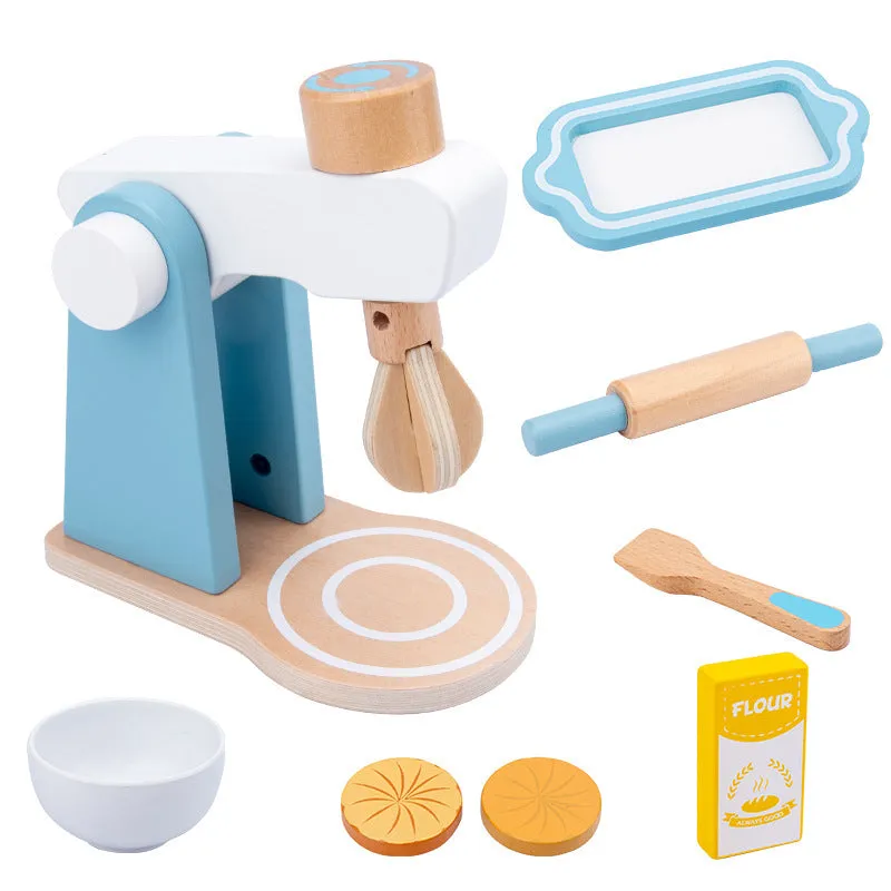 Wooden simulation play house set with blender, bread machine, coffee machine, juicer, and microwave oven in colour box