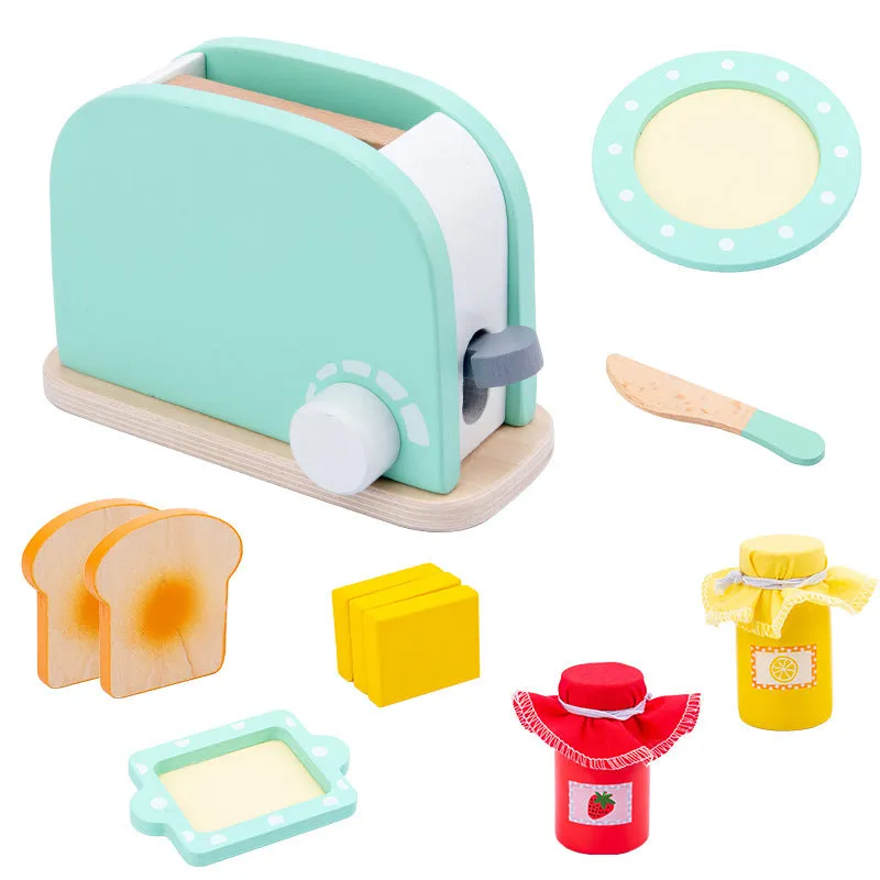 Wooden simulation play house set with blender, bread machine, coffee machine, juicer, and microwave oven in colour box