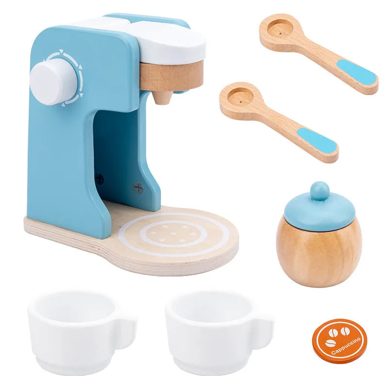 Wooden simulation play house set with blender, bread machine, coffee machine, juicer, and microwave oven in colour box