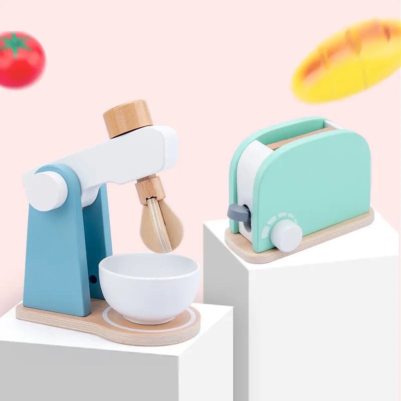 Wooden simulation play house set with blender, bread machine, coffee machine, juicer, and microwave oven in colour box