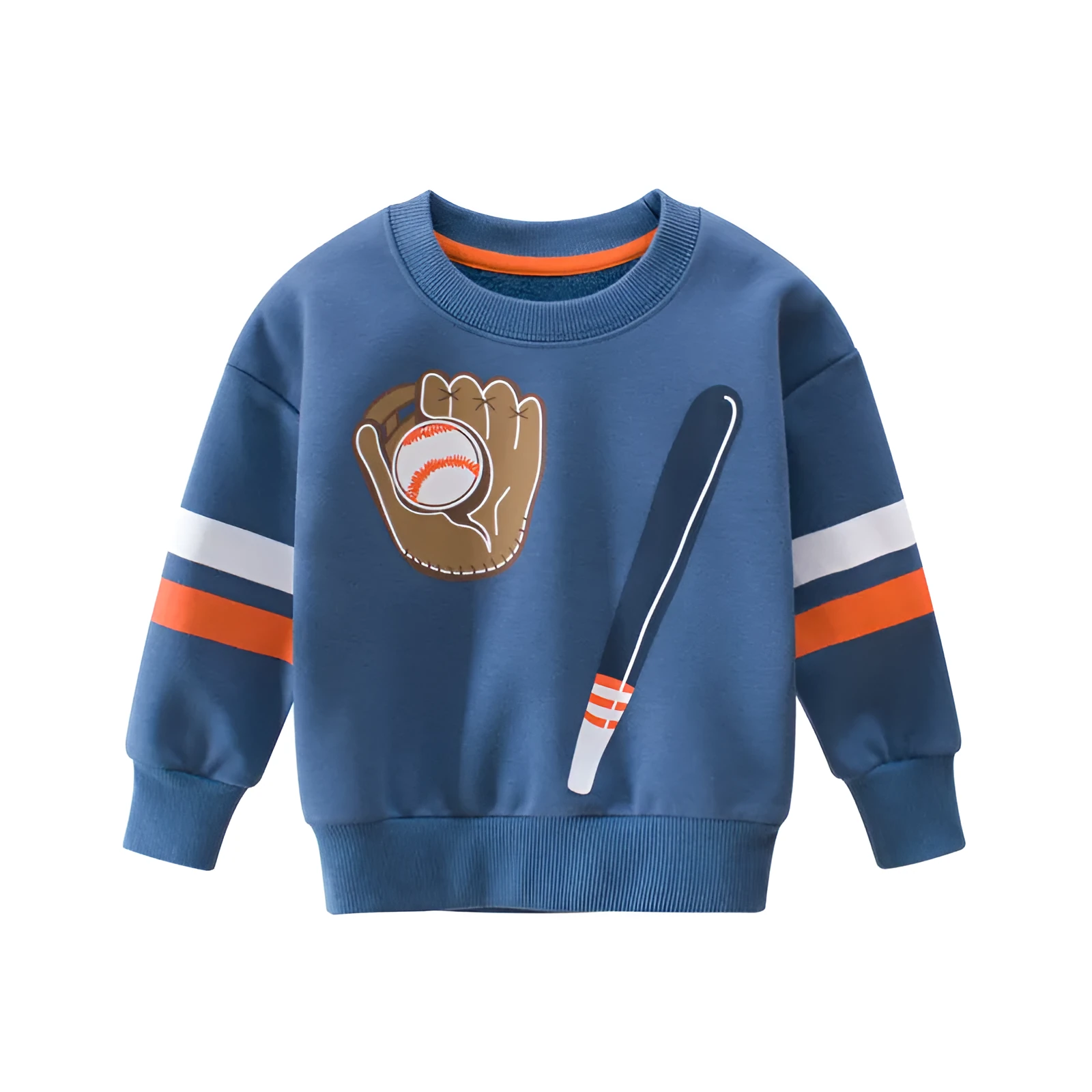 Blue children's velvet fleece pullover with cartoon sports pattern for boys aged 3 to 8