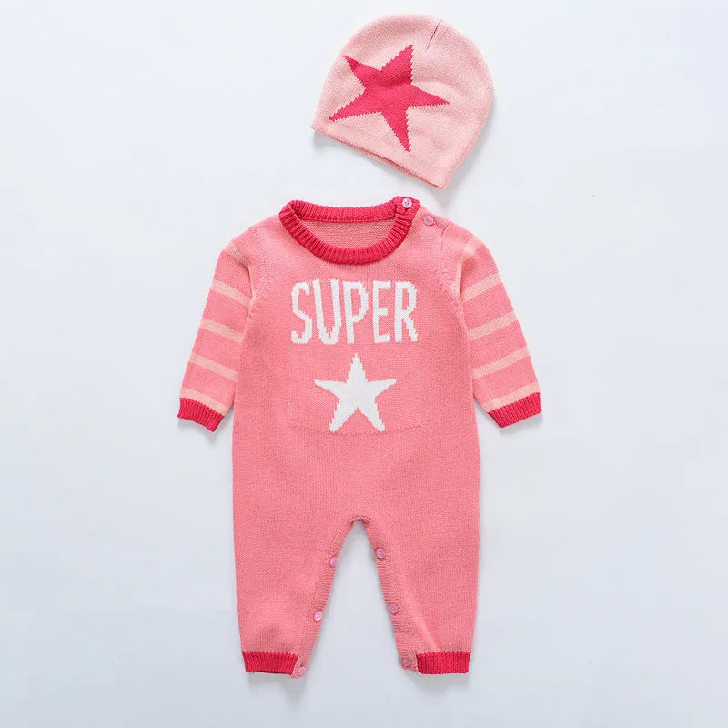 Baby knitted sweater jumpsuit in 95% cotton, long sleeves, concealed buttons, neutral beige colour, size 73cm