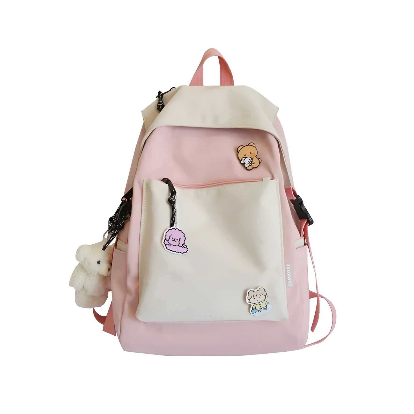 Korean style college backpack 20-35L water repellent in pink, front view