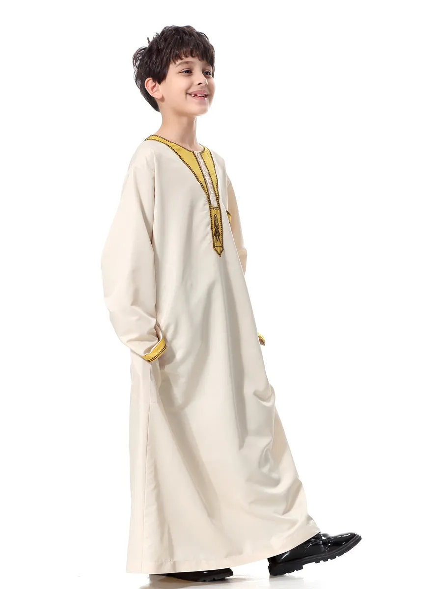 Chemical fibre blended polyester boy robe with embroidery in round neck design