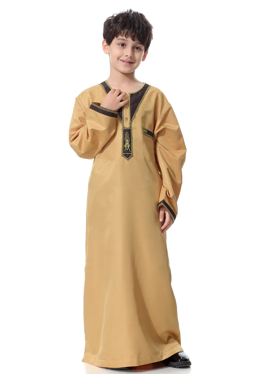Chemical fibre blended polyester boy robe with embroidery in round neck design