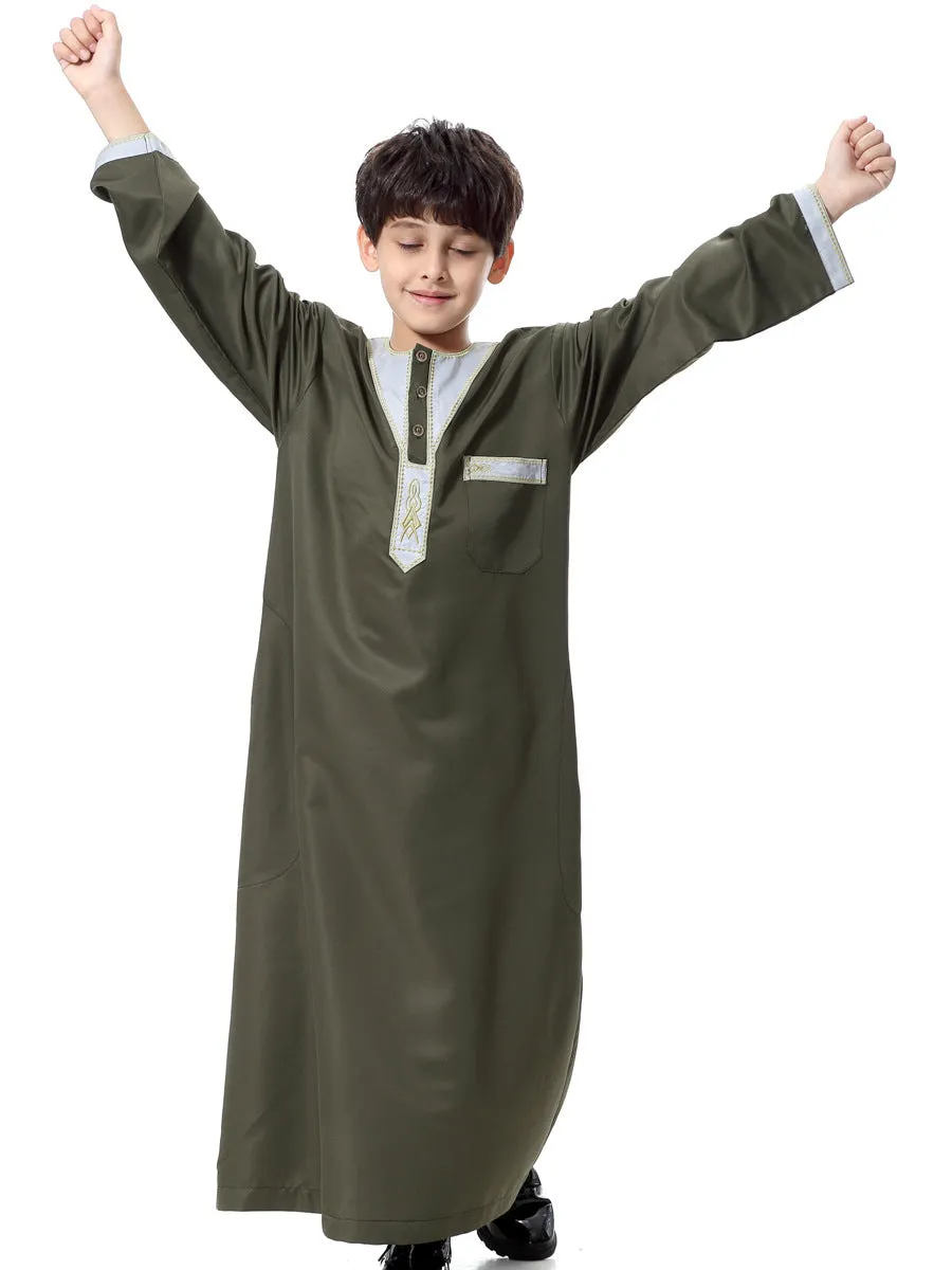 Chemical fibre blended polyester boy robe with embroidery in round neck design