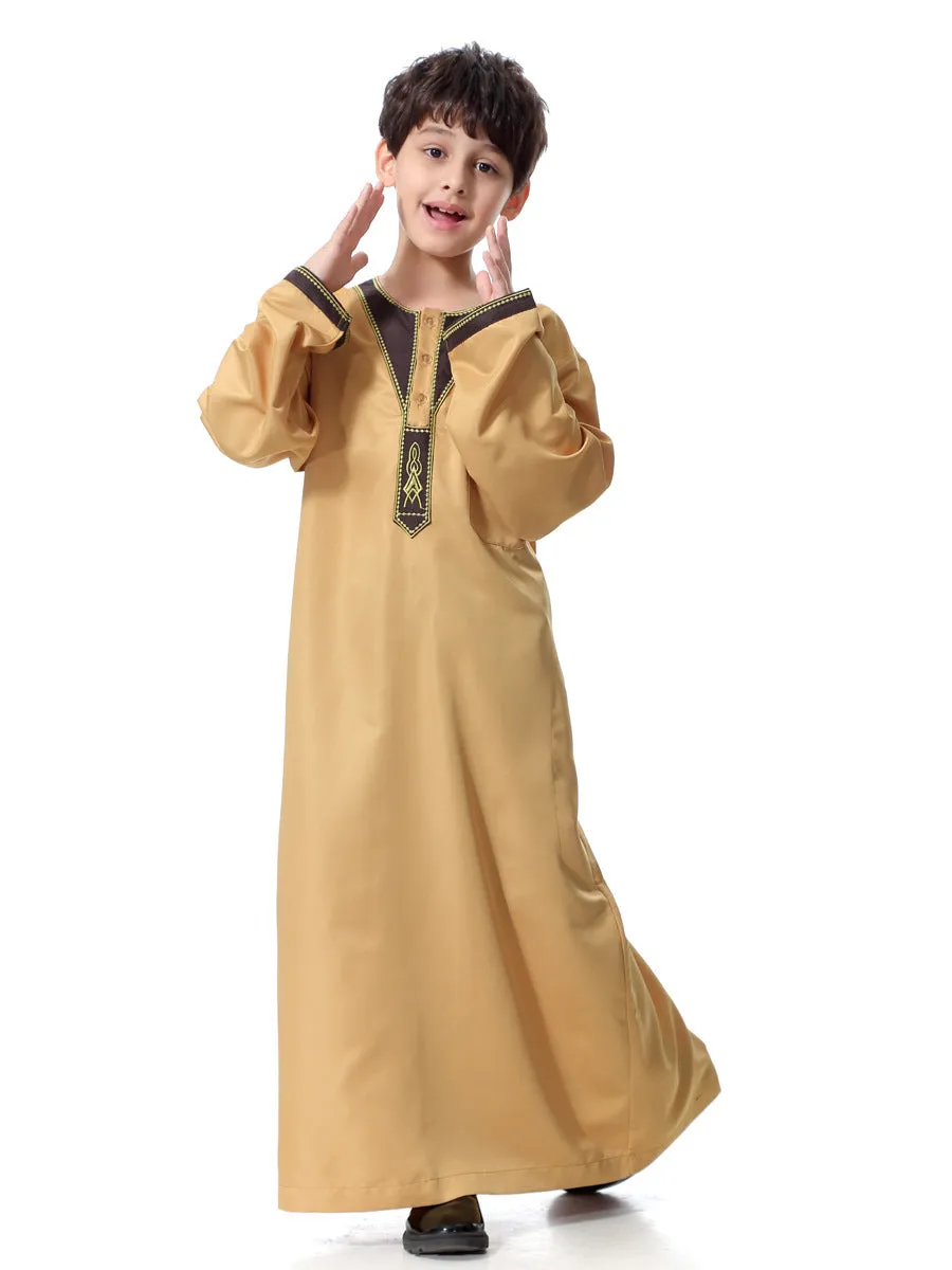 Chemical fibre blended polyester boy robe with embroidery in round neck design