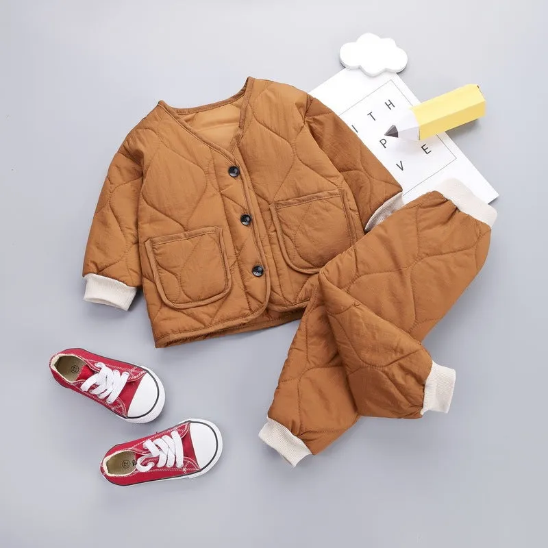 New Korean Version Plus Velvet Thickening Two-piece Baby Suit in beige, 95% cotton, sizes 80-130cm