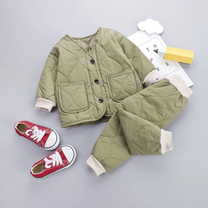 New Korean Version Plus Velvet Thickening Two-piece Baby Suit in beige, 95% cotton, sizes 80-130cm