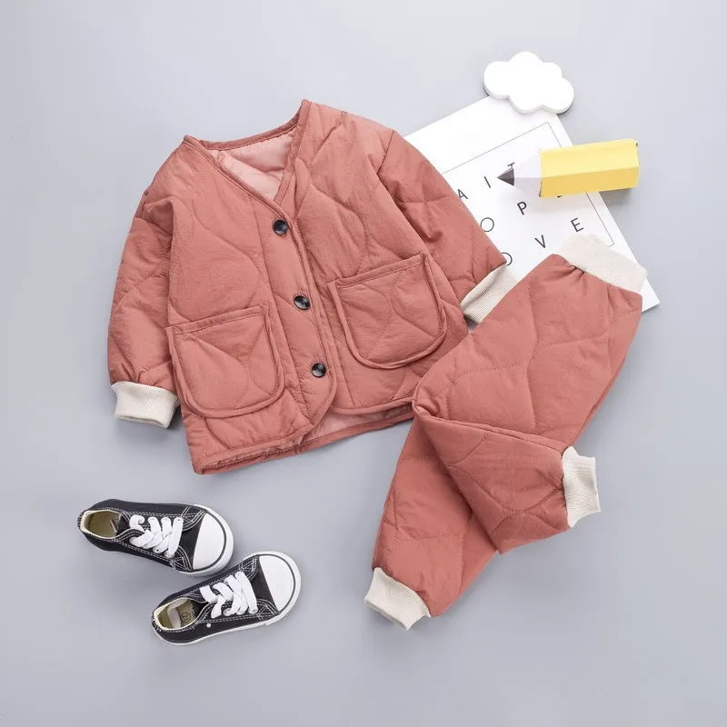 New Korean Version Plus Velvet Thickening Two-piece Baby Suit in beige, 95% cotton, sizes 80-130cm