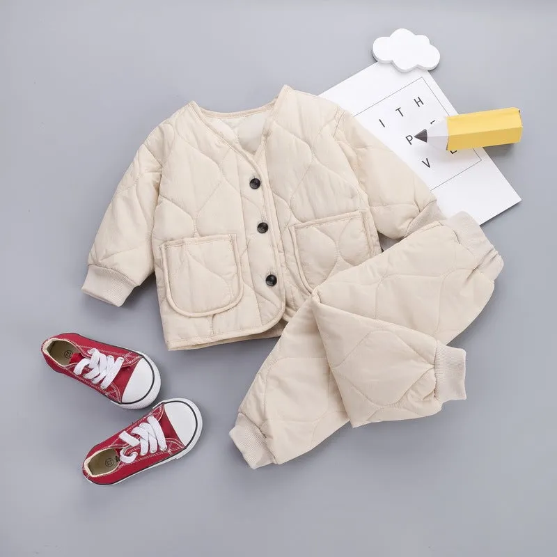 New Korean Version Plus Velvet Thickening Two-piece Baby Suit in beige, 95% cotton, sizes 80-130cm