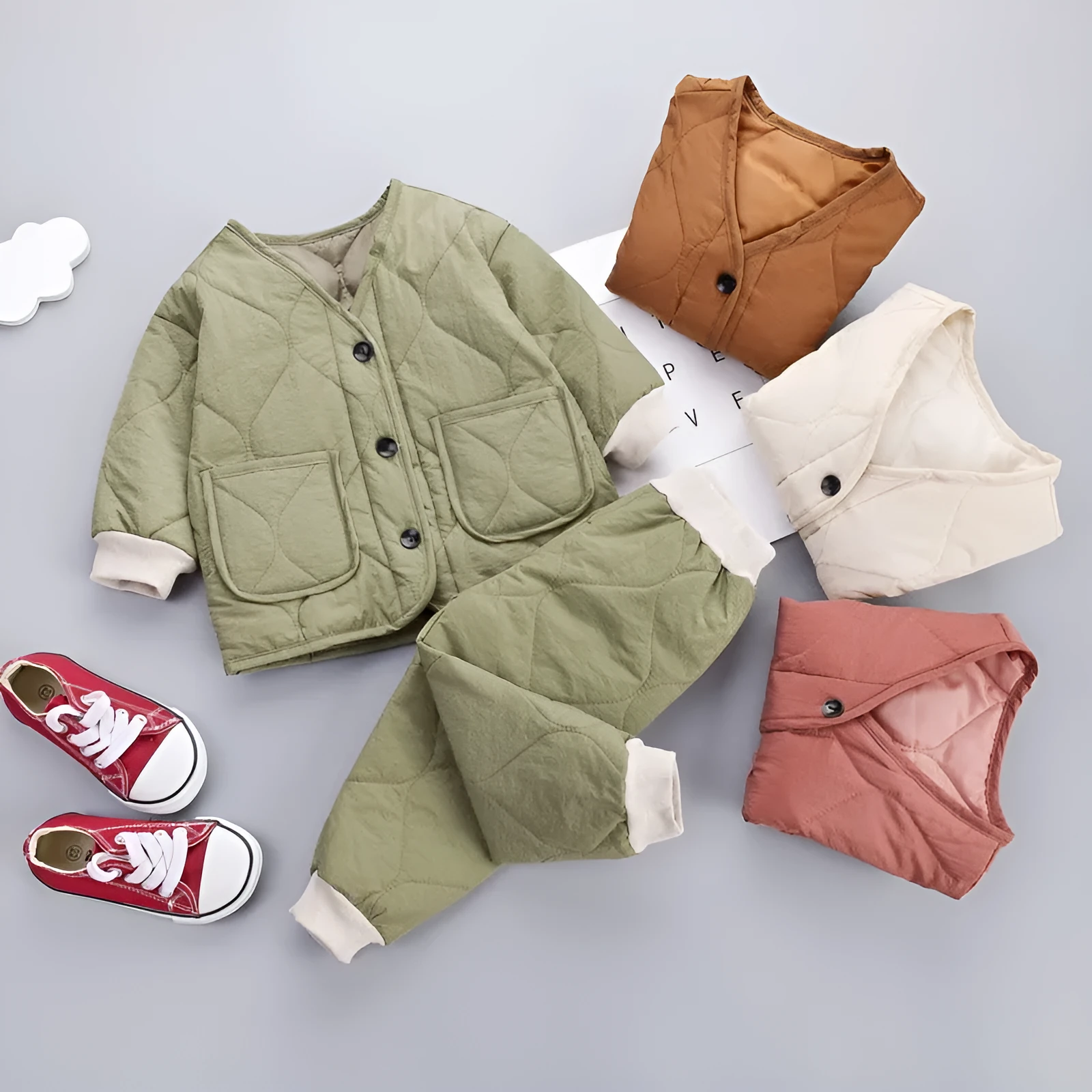 New Korean Version Plus Velvet Thickening Two-piece Baby Suit in beige, 95% cotton, sizes 80-130cm