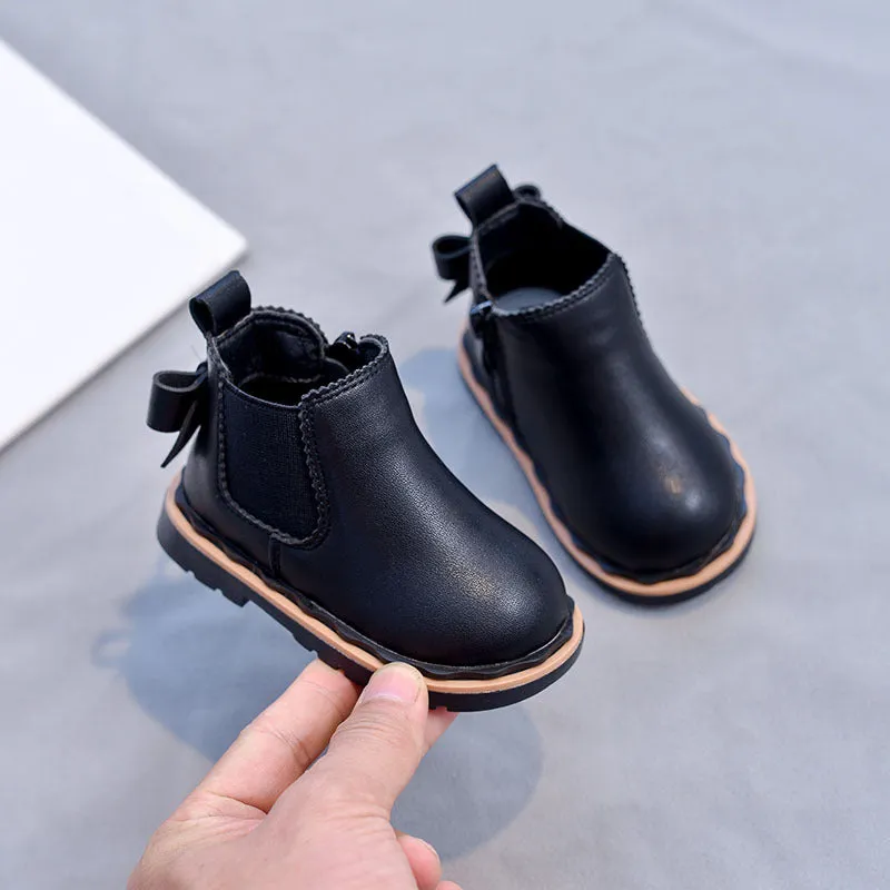 Girls bowknot smoke tube Martin boots in black, microfiber leather, side zipper, low tube