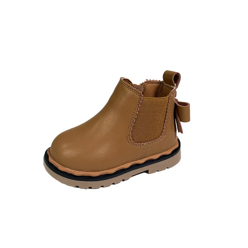Girls bowknot smoke tube Martin boots in black, microfiber leather, side zipper, low tube