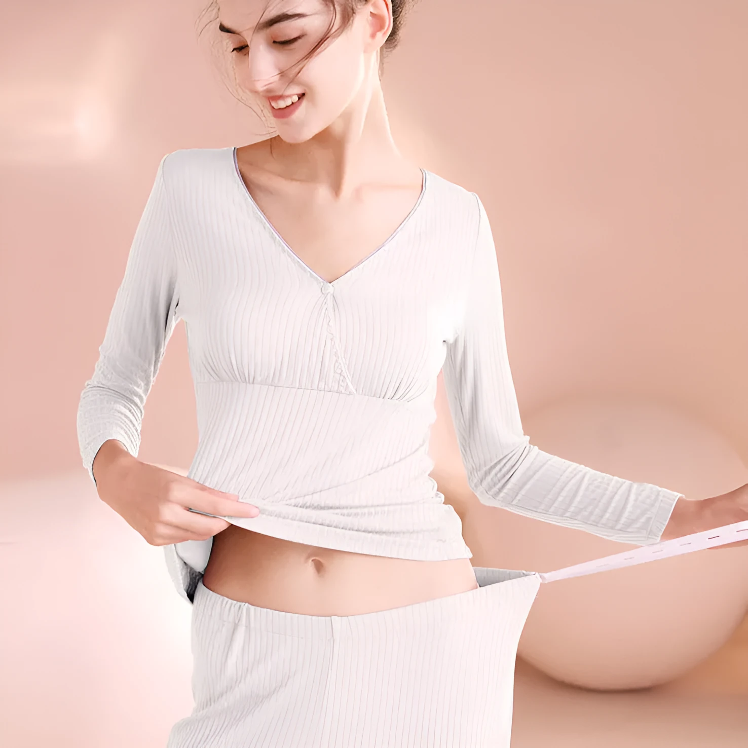 Maternity nursing pajama set in modal fabric with V-neck top and long trousers, available in multiple colours