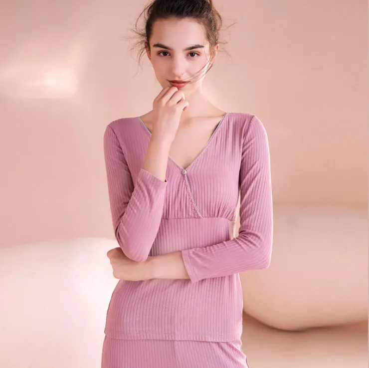 Maternity nursing pajama set in modal fabric with V-neck top and long trousers, available in multiple colours