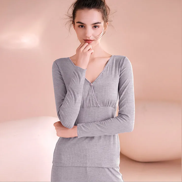 Maternity nursing pajama set in modal fabric with V-neck top and long trousers, available in multiple colours