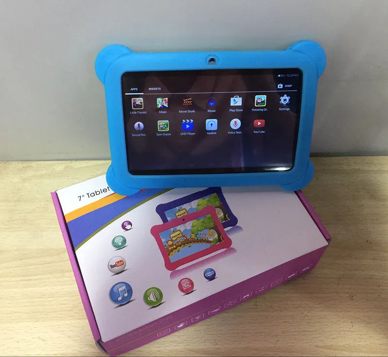 Children's tablet with 7-inch capacitive touch screen in black, showing front display and ABS plastic shell