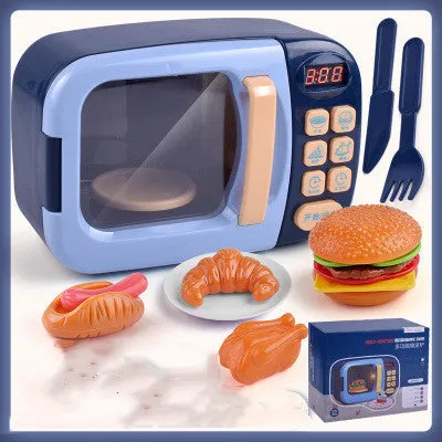 16-piece pink simulation kitchen toy set with electric rice cooker and microwave on a table