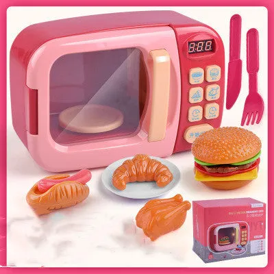 16-piece pink simulation kitchen toy set with electric rice cooker and microwave on a table