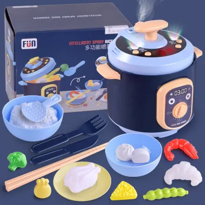 16-piece pink simulation kitchen toy set with electric rice cooker and microwave on a table