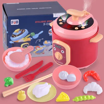 16-piece pink simulation kitchen toy set with electric rice cooker and microwave on a table
