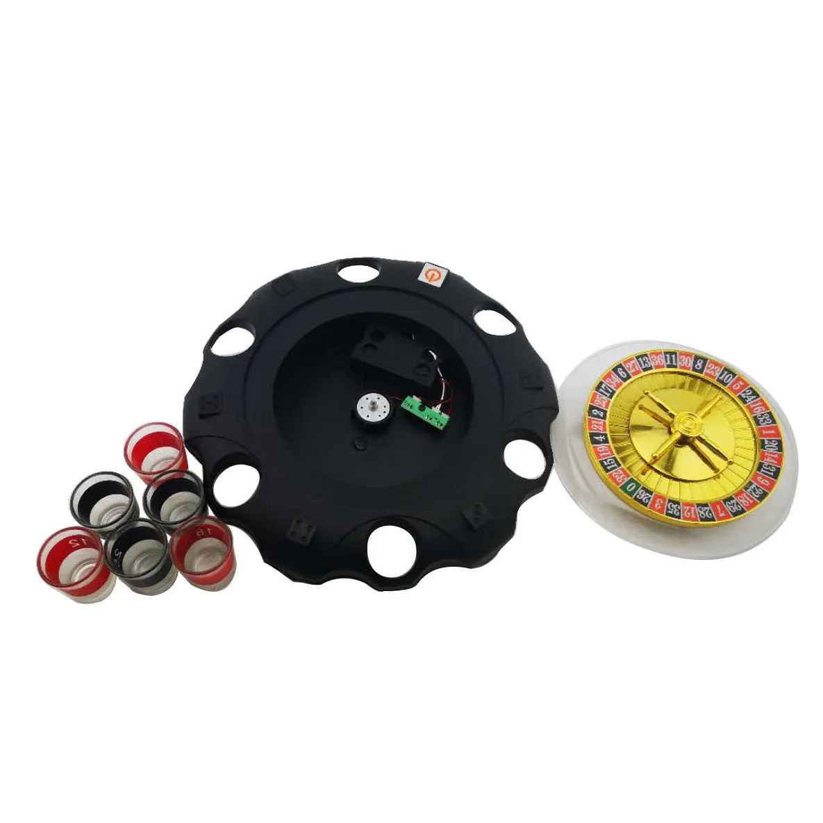 Electric Russian lucky wheel roulette wine set with spinning turntable, six glass shot glasses, and two steel balls on a table