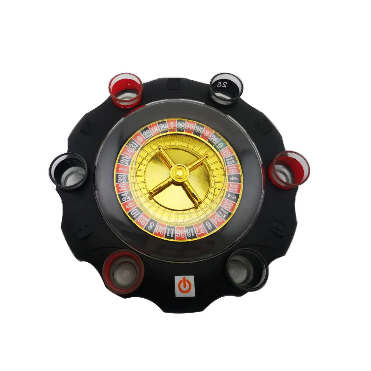 Electric Russian lucky wheel roulette wine set with spinning turntable, six glass shot glasses, and two steel balls on a table