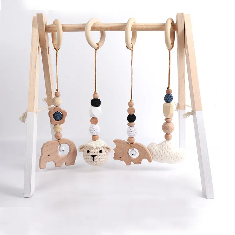 Beech wood baby rattle toy with animal decoration, 28cm long, available in six colours