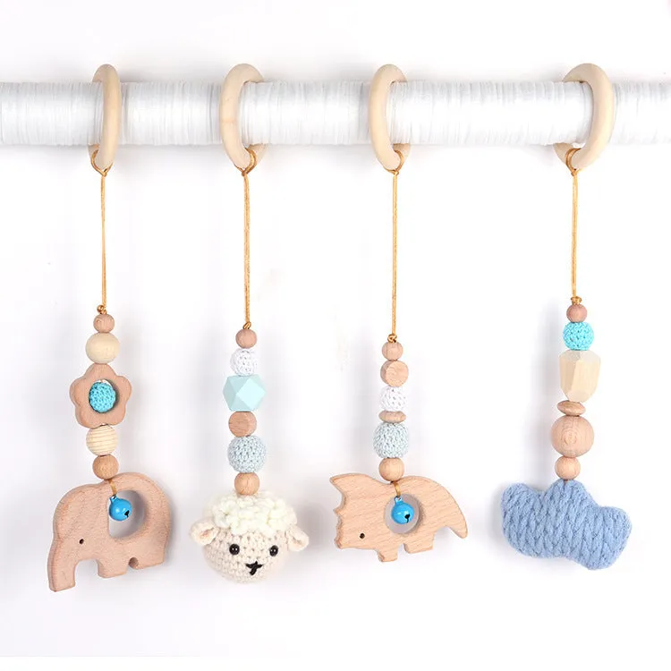 Beech wood baby rattle toy with animal decoration, 28cm long, available in six colours