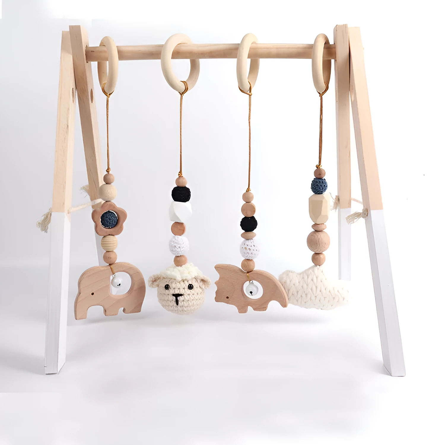 Beech wood baby rattle toy with animal decoration, 28cm long, available in six colours