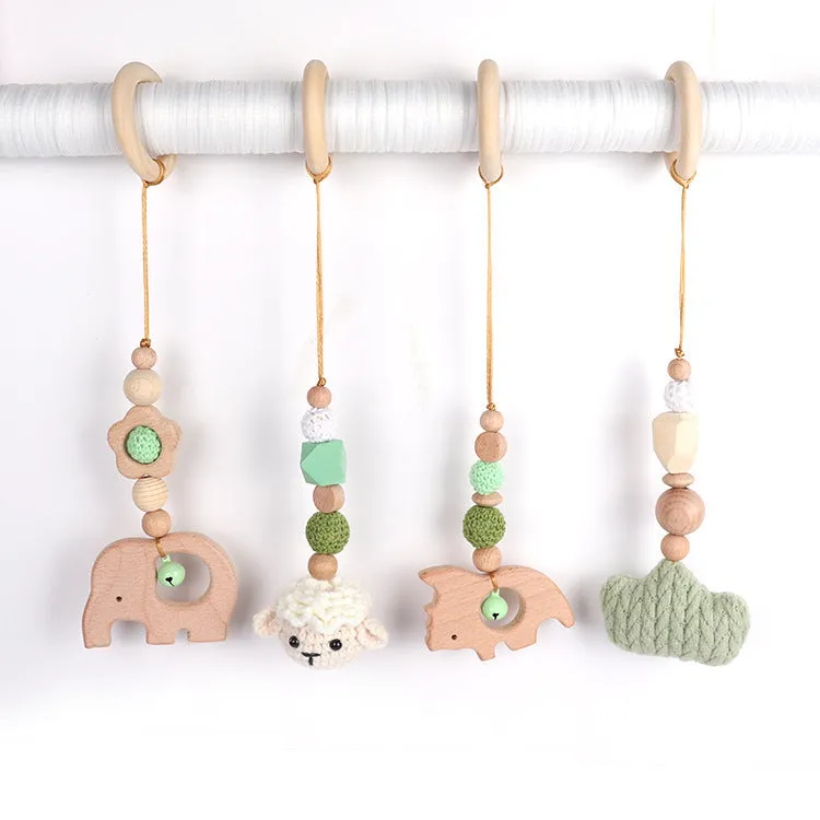 Beech wood baby rattle toy with animal decoration, 28cm long, available in six colours