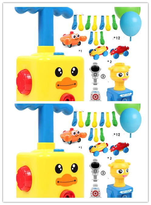 Balloon launch tower toy car with inflated balloon on a white surface