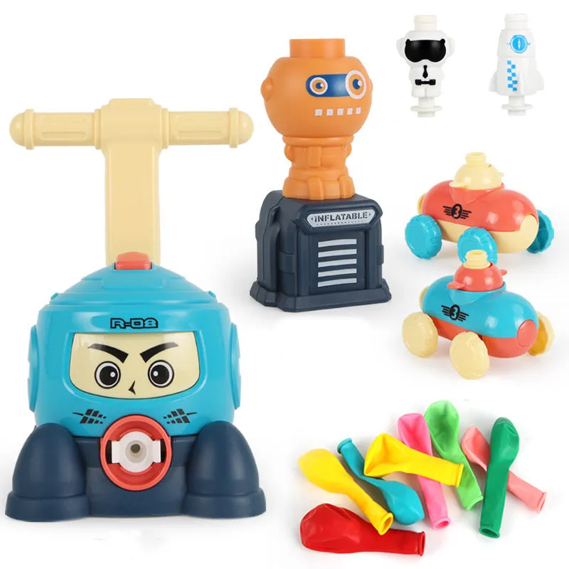 Balloon launch tower toy car with inflated balloon on a white surface