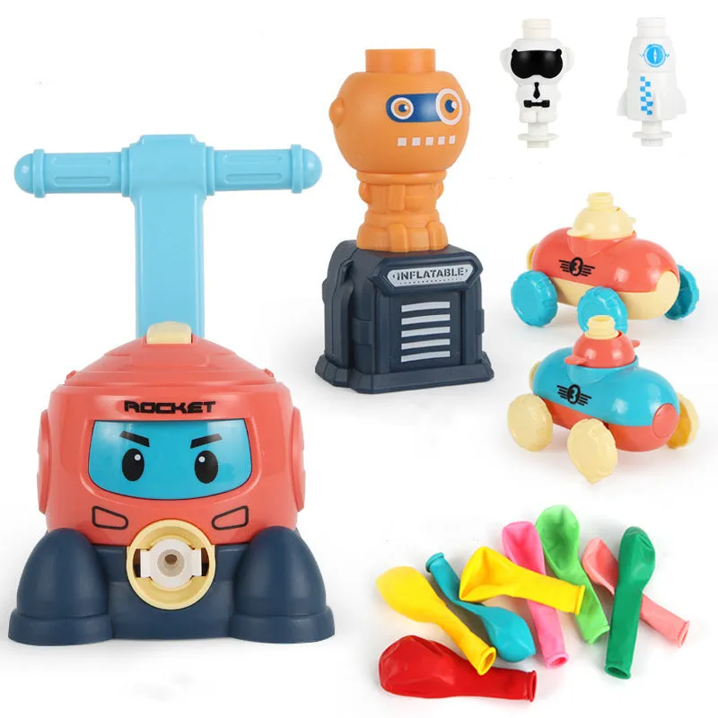 Balloon launch tower toy car with inflated balloon on a white surface