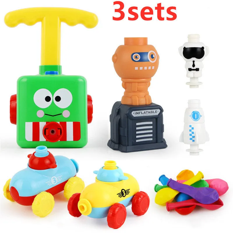 Balloon launch tower toy car with inflated balloon on a white surface
