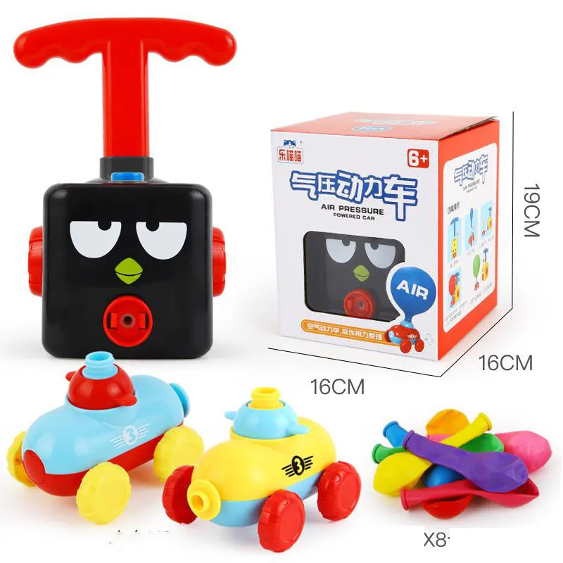 Balloon launch tower toy car with inflated balloon on a white surface