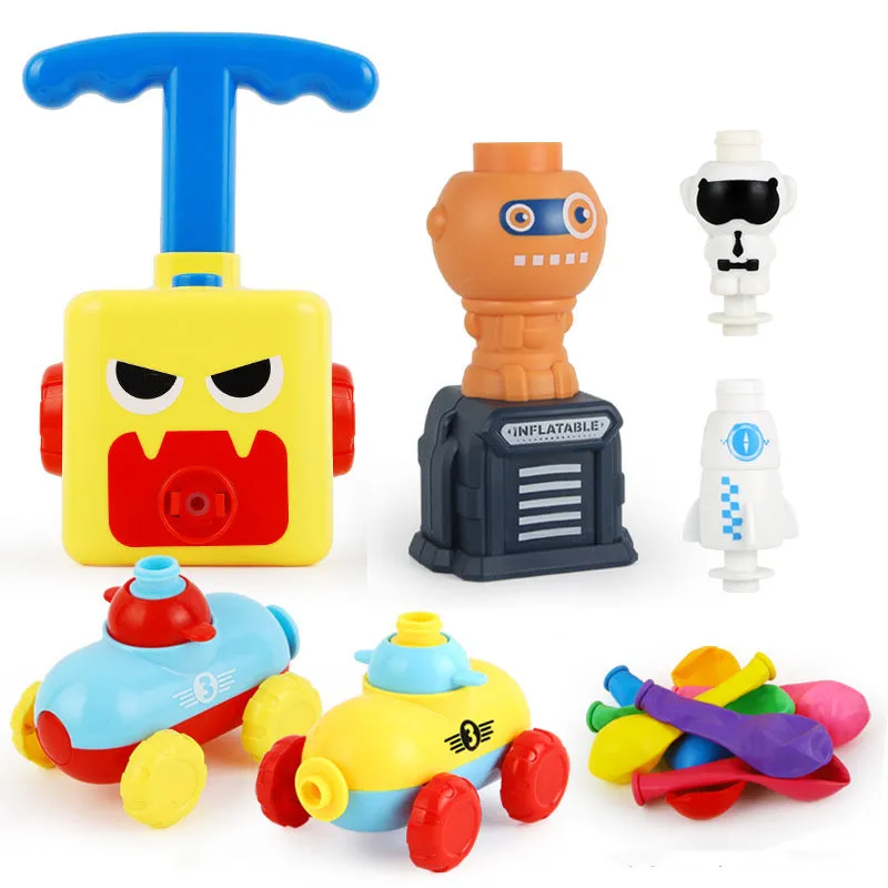 Balloon launch tower toy car with inflated balloon on a white surface
