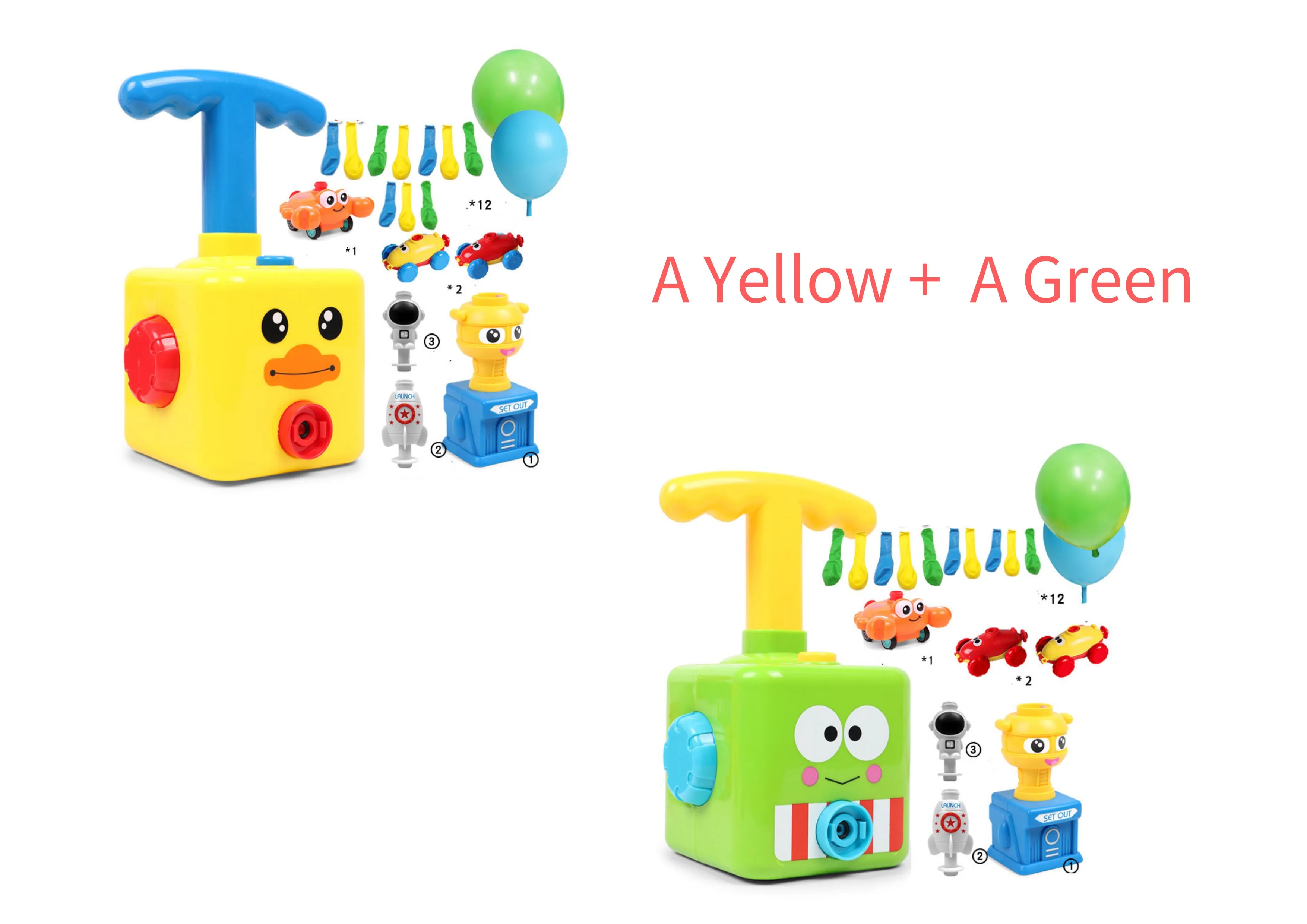 Balloon launch tower toy car with inflated balloon on a white surface