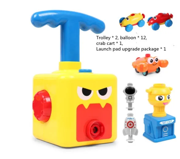 Balloon launch tower toy car with inflated balloon on a white surface