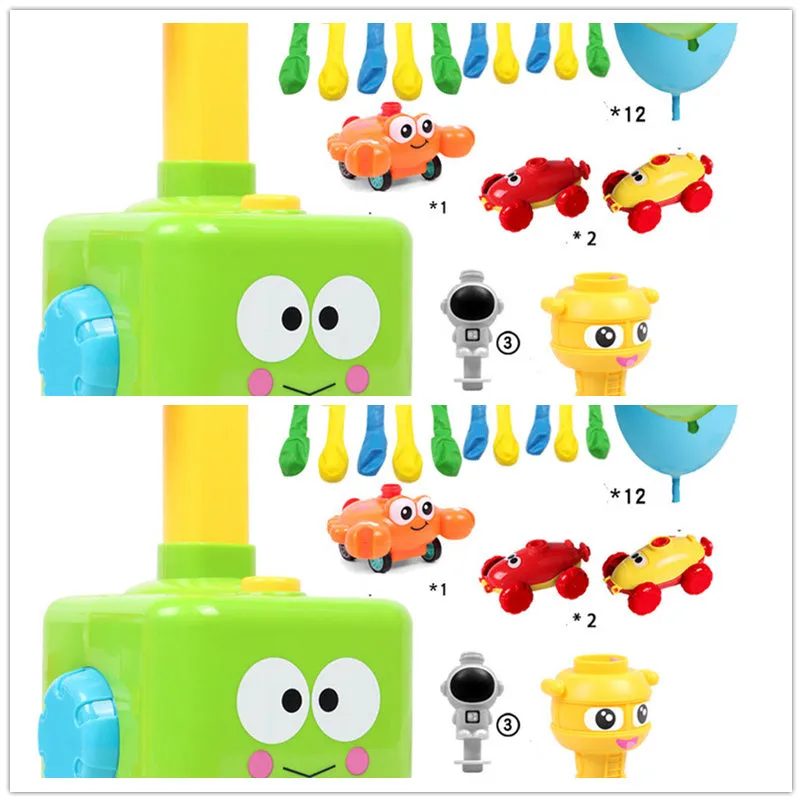 Balloon launch tower toy car with inflated balloon on a white surface