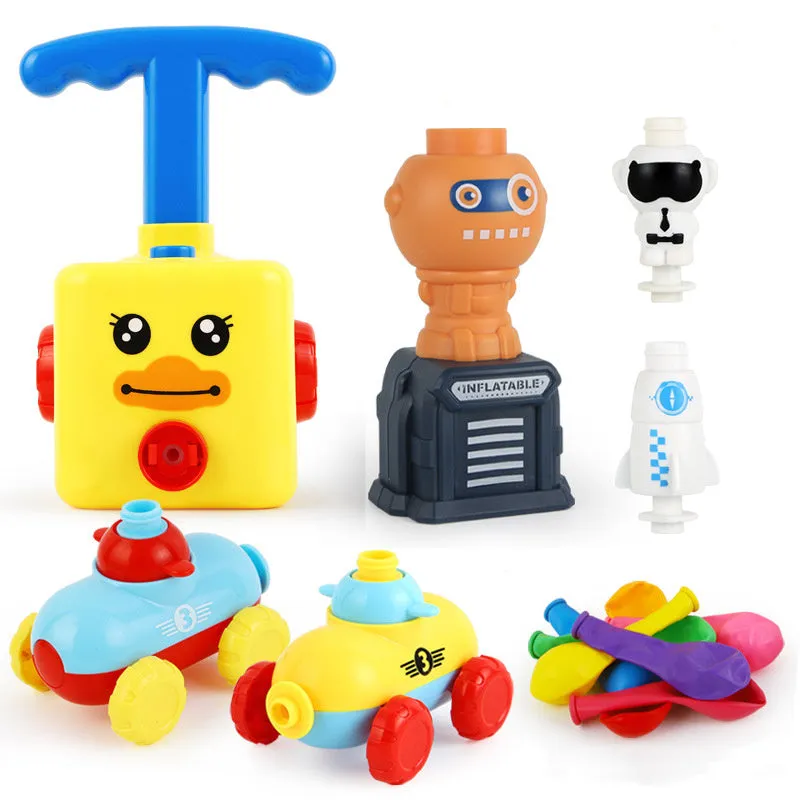 Balloon launch tower toy car with inflated balloon on a white surface