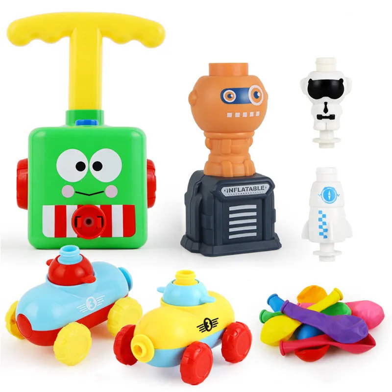 Balloon launch tower toy car with inflated balloon on a white surface