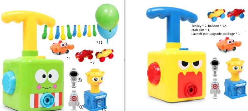 Balloon launch tower toy car with inflated balloon on a white surface