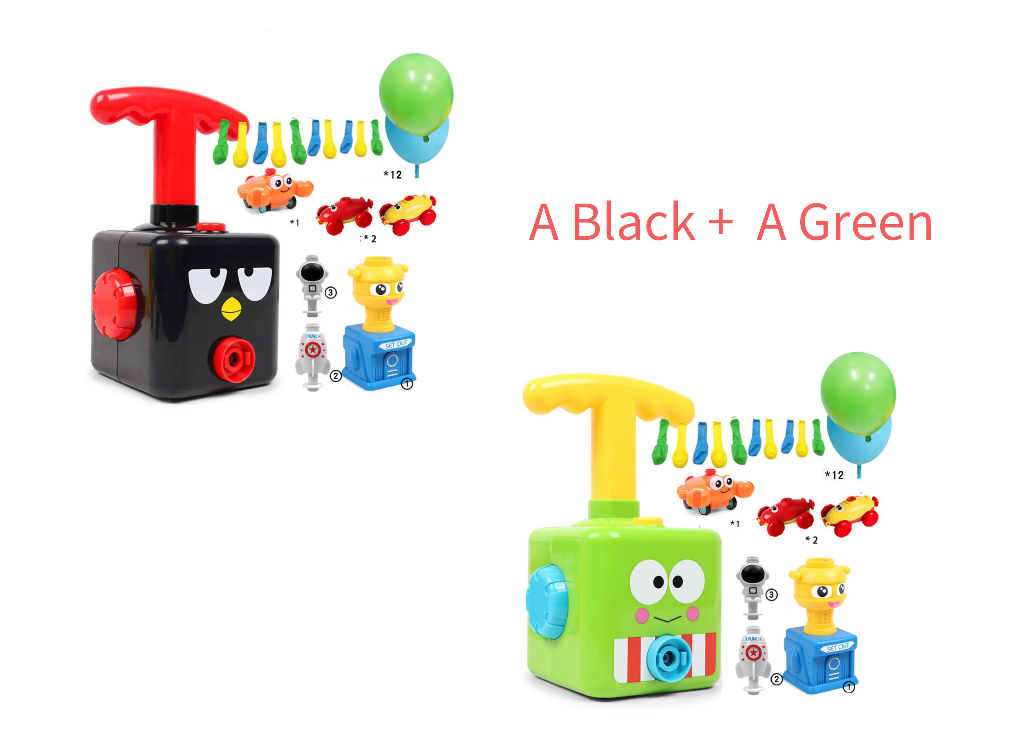 Balloon launch tower toy car with inflated balloon on a white surface