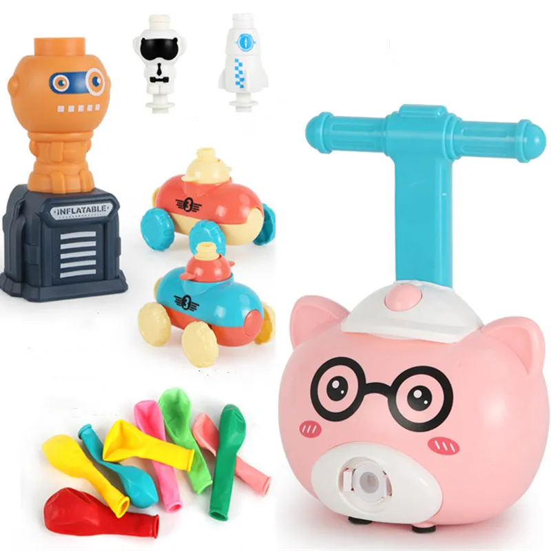 Balloon launch tower toy car with inflated balloon on a white surface