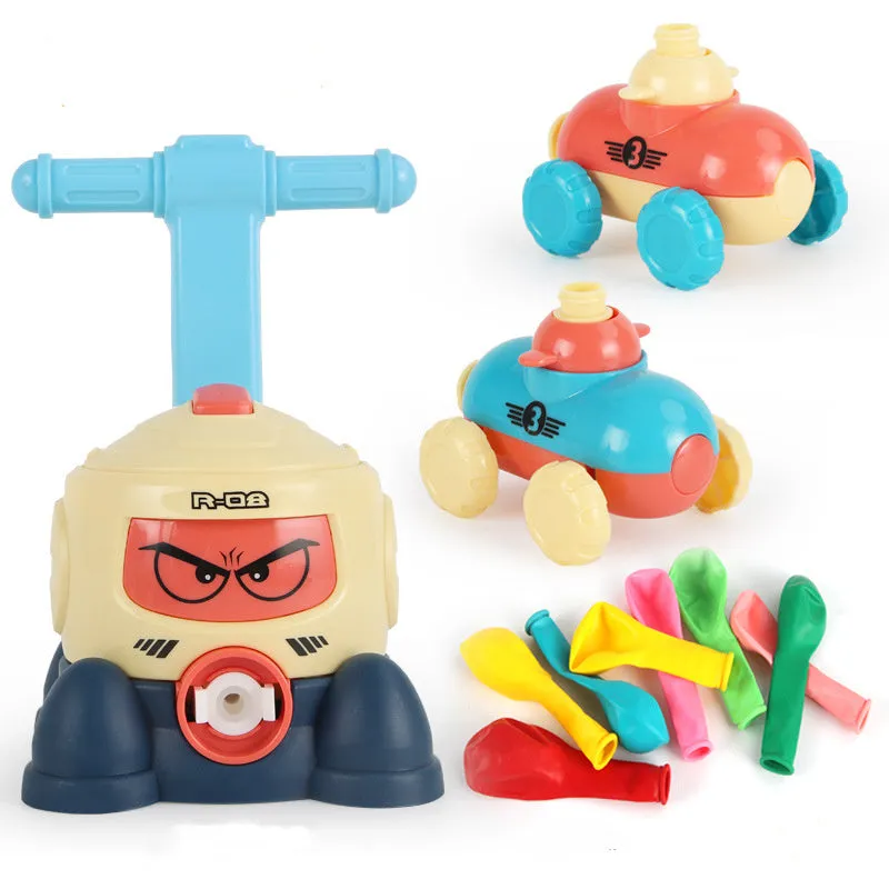 Balloon launch tower toy car with inflated balloon on a white surface