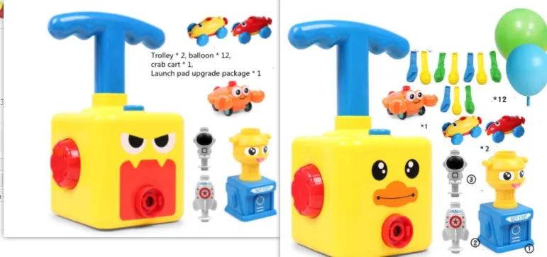 Balloon launch tower toy car with inflated balloon on a white surface