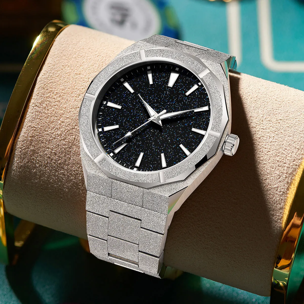 Men's stainless steel business watch with frosted case, luminous hands, on adjustable steel strap.