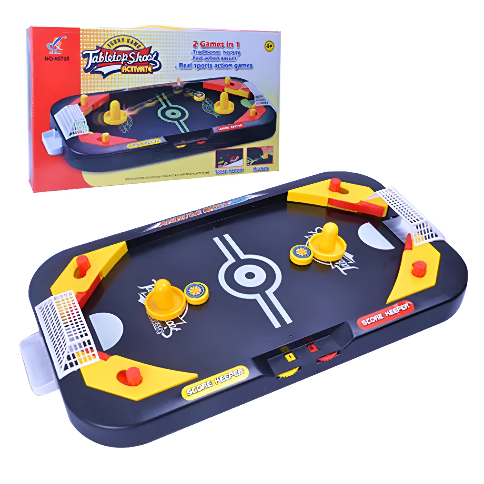 Desktop hockey table with goals, sticks, and balls for children's air hockey game